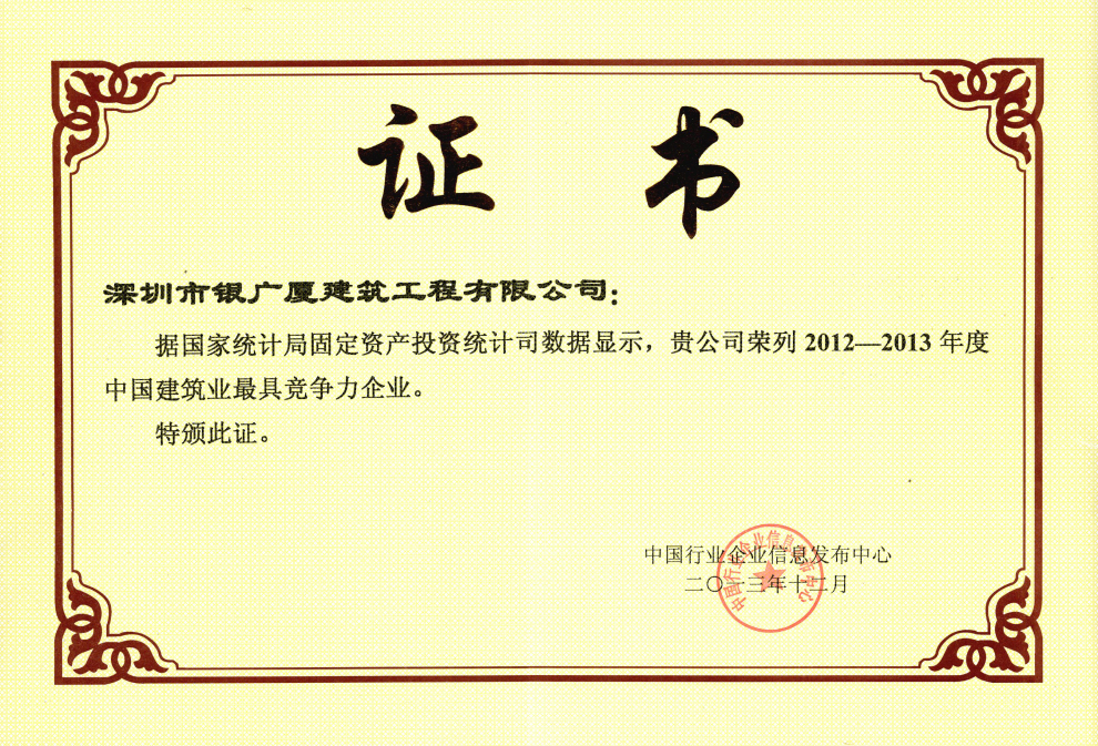 15.2012-2013年度中国建筑业最具竞争力企业（证书）